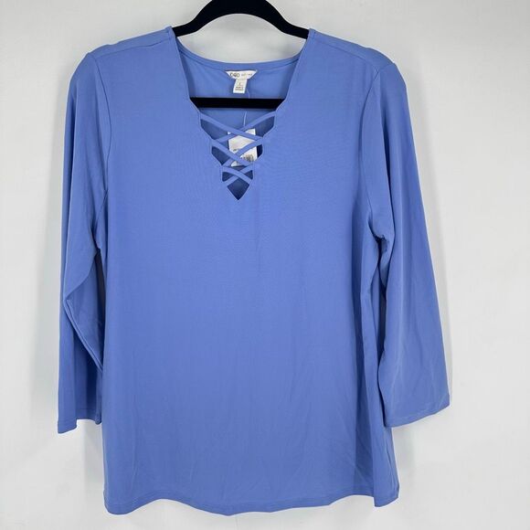 Cato NWT Blue Criss Cross Neckline Light Blue Blouse Size L Flowy Flattering - Picture 1 of 10